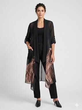 Sheer Black Open Front with Feather Print Shirt Coat  - SZ Large